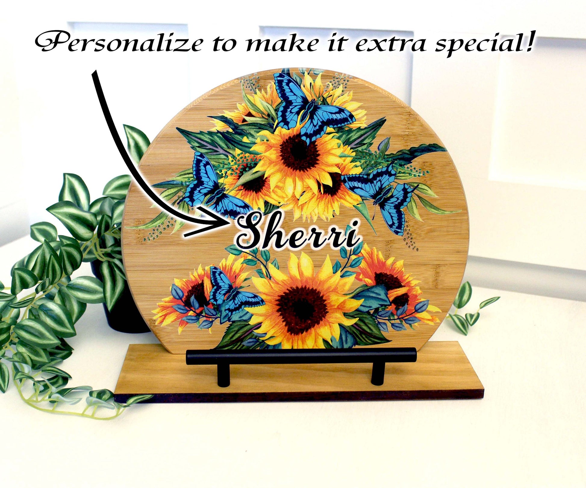 Kitchen Cookbook Stand from Sustainable Bamboo with Pine Wood Accents decorated with Beautiful Sunflowers and Blue Butterflies - Monogram