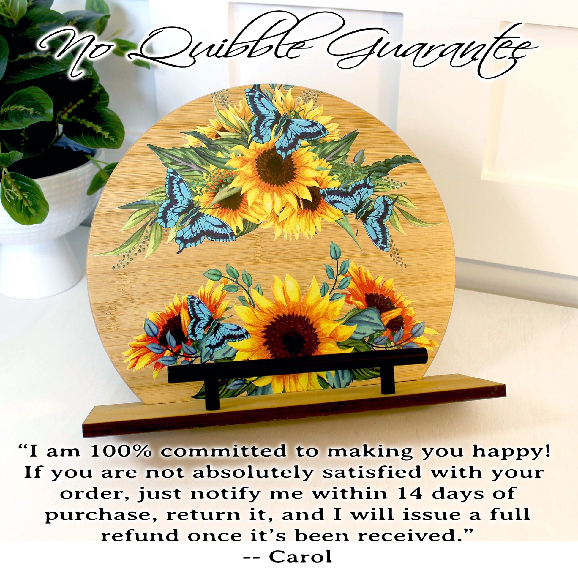 Kitchen Cookbook Stand from Sustainable Bamboo with Pine Wood Accents decorated with Beautiful Sunflowers and Blue Butterflies - Monogram