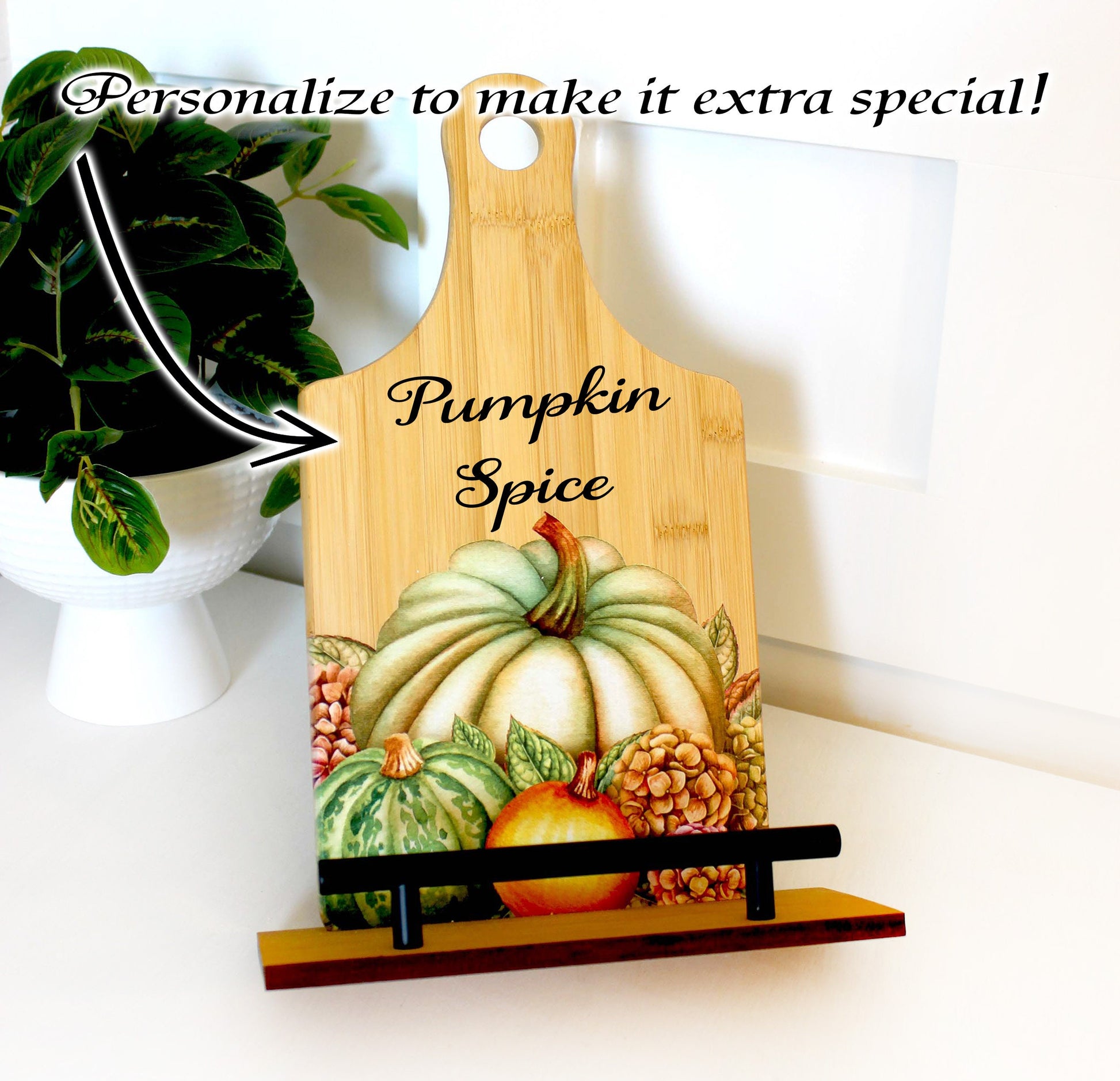 Personalized Decorative Cookbook Stand, Thanksgiving Fall Pumpkin Art Print, Recipe Book Holder, Kitchen Home Decor, Tablet Ipad Stand Gift