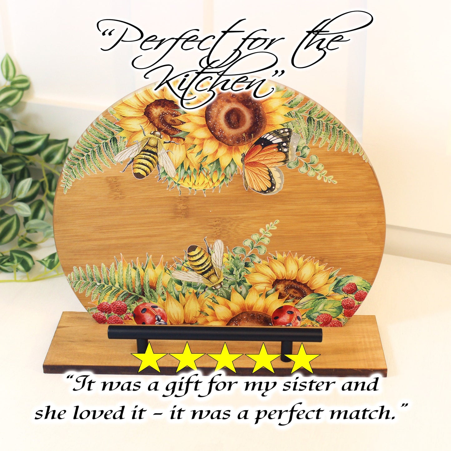 Sunflowers and Bumble Bees Cookbook Stand for the Kitchen from Environmentally Sustainable Bamboo with Pine Wood Accents to create an Easel