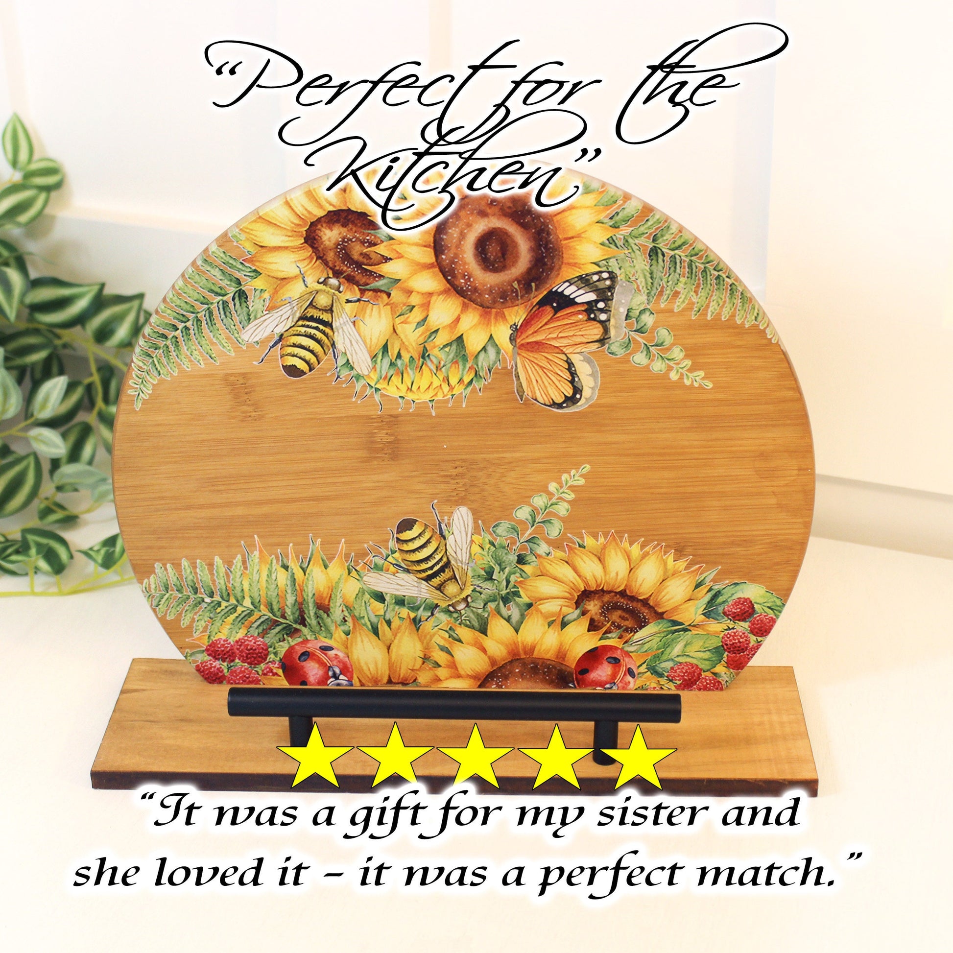 Sunflowers and Bumble Bees Cookbook Stand for the Kitchen from Environmentally Sustainable Bamboo with Pine Wood Accents to create an Easel