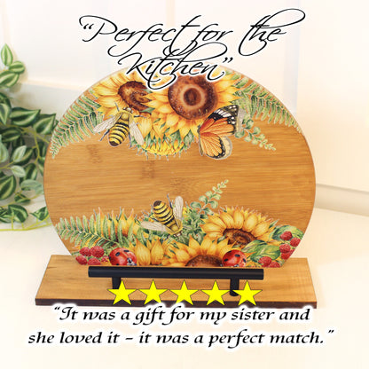 Sunflowers and Bumble Bees Cookbook Stand for the Kitchen from Environmentally Sustainable Bamboo with Pine Wood Accents to create an Easel