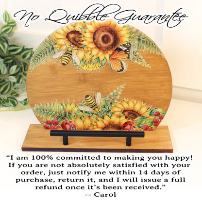 Sunflowers and Bumble Bees Cookbook Stand for the Kitchen from Environmentally Sustainable Bamboo with Pine Wood Accents to create an Easel