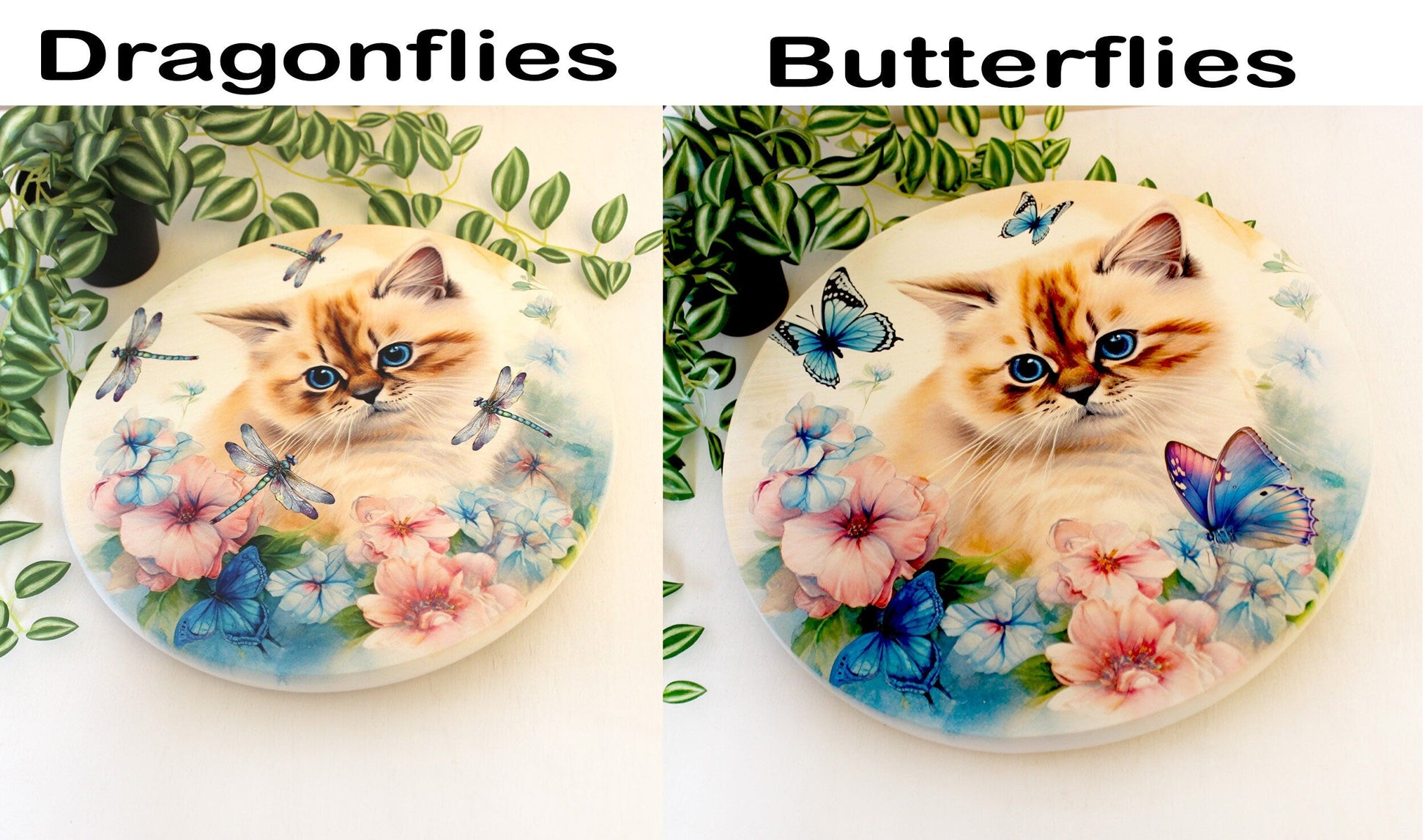 Artistic Kitten and Blue Butterfly Wood Lazy Susan, Personalized Kitchen and Bath Organizer, Dining Table Centerpiece, Cat Lover, Sizes Vary