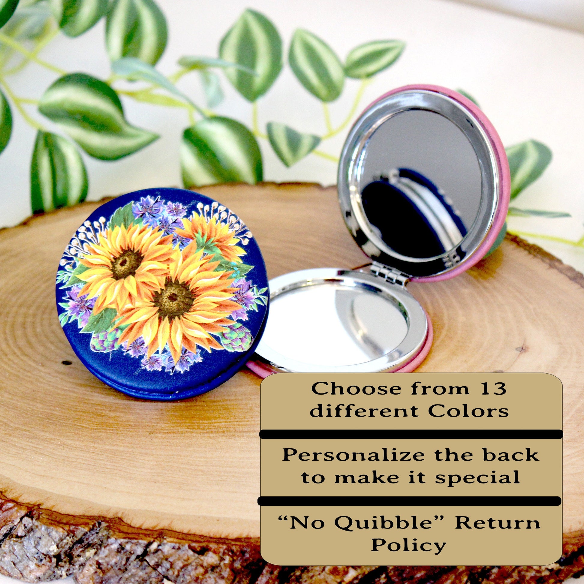 UV Decorated Sunflower & Cornflowers Leatherette Women's Compact Mirror perfect Bridesmaid Wedding Gift, Perfect Birthday/Mother's Day Gift