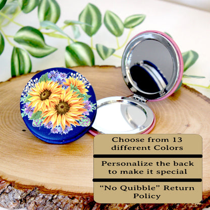 UV Decorated Sunflower & Cornflowers Leatherette Women's Compact Mirror perfect Bridesmaid Wedding Gift, Perfect Birthday/Mother's Day Gift
