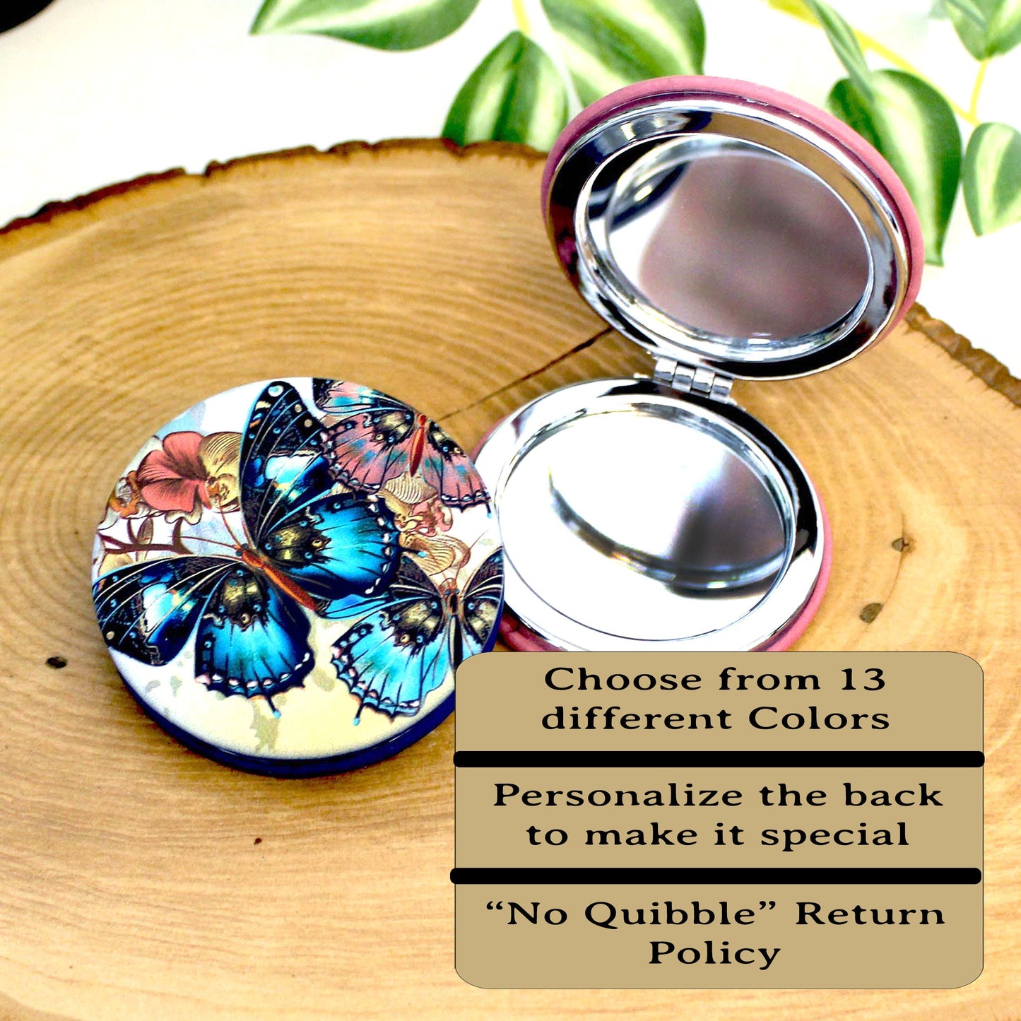 UV Decorated Butterfly Leatherette Women's Compact Mirror, Custom Bridesmaid Wedding Gift, Perfect Birthday or Mother's Day Gift or favors