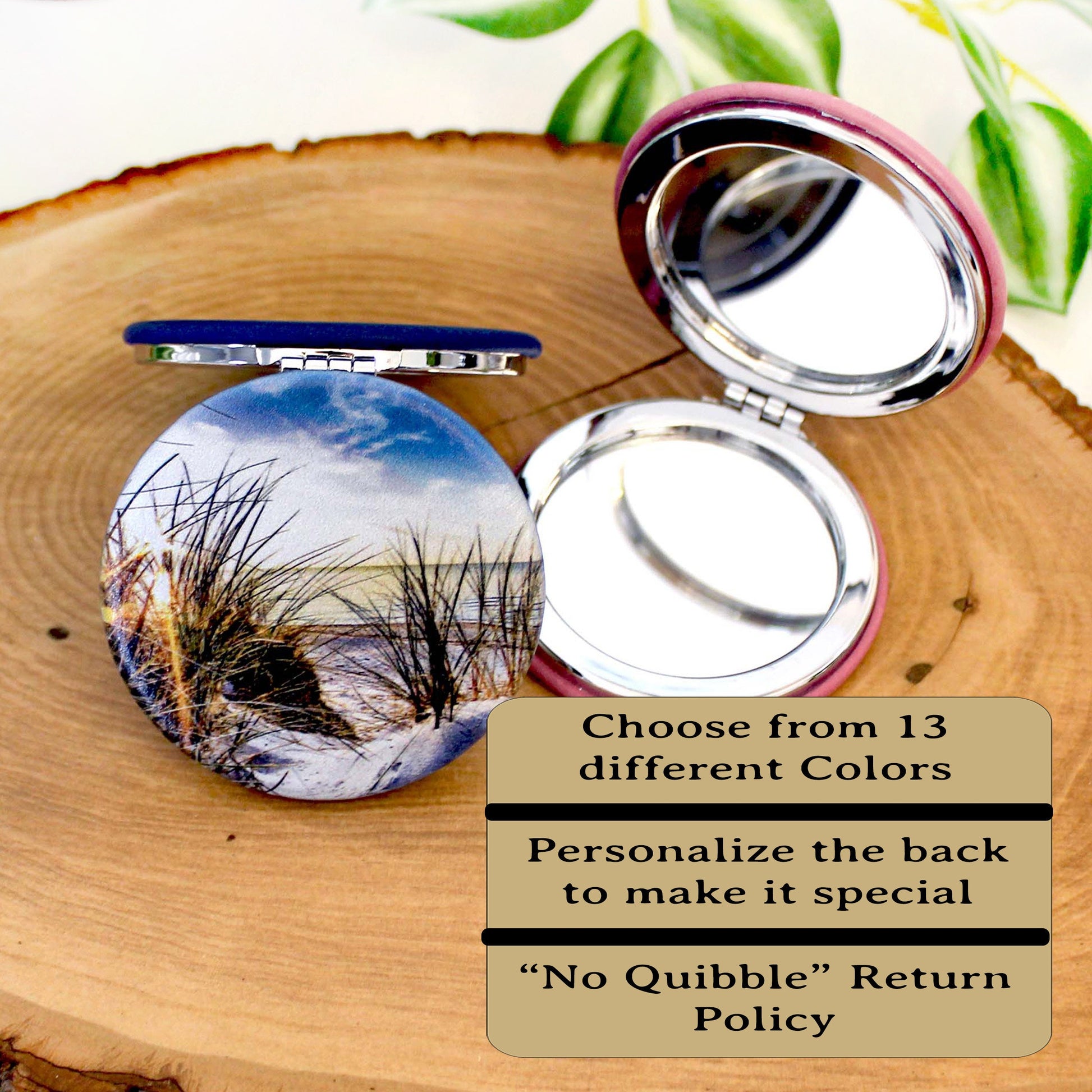 UV Decorated Beach Leatherette Women's Compact Mirror, Custom Bridesmaid Wedding Gift, Perfect Birthday or Mother's Day Gift or favors