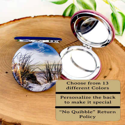 UV Decorated Beach Leatherette Women's Compact Mirror, Custom Bridesmaid Wedding Gift, Perfect Birthday or Mother's Day Gift or favors
