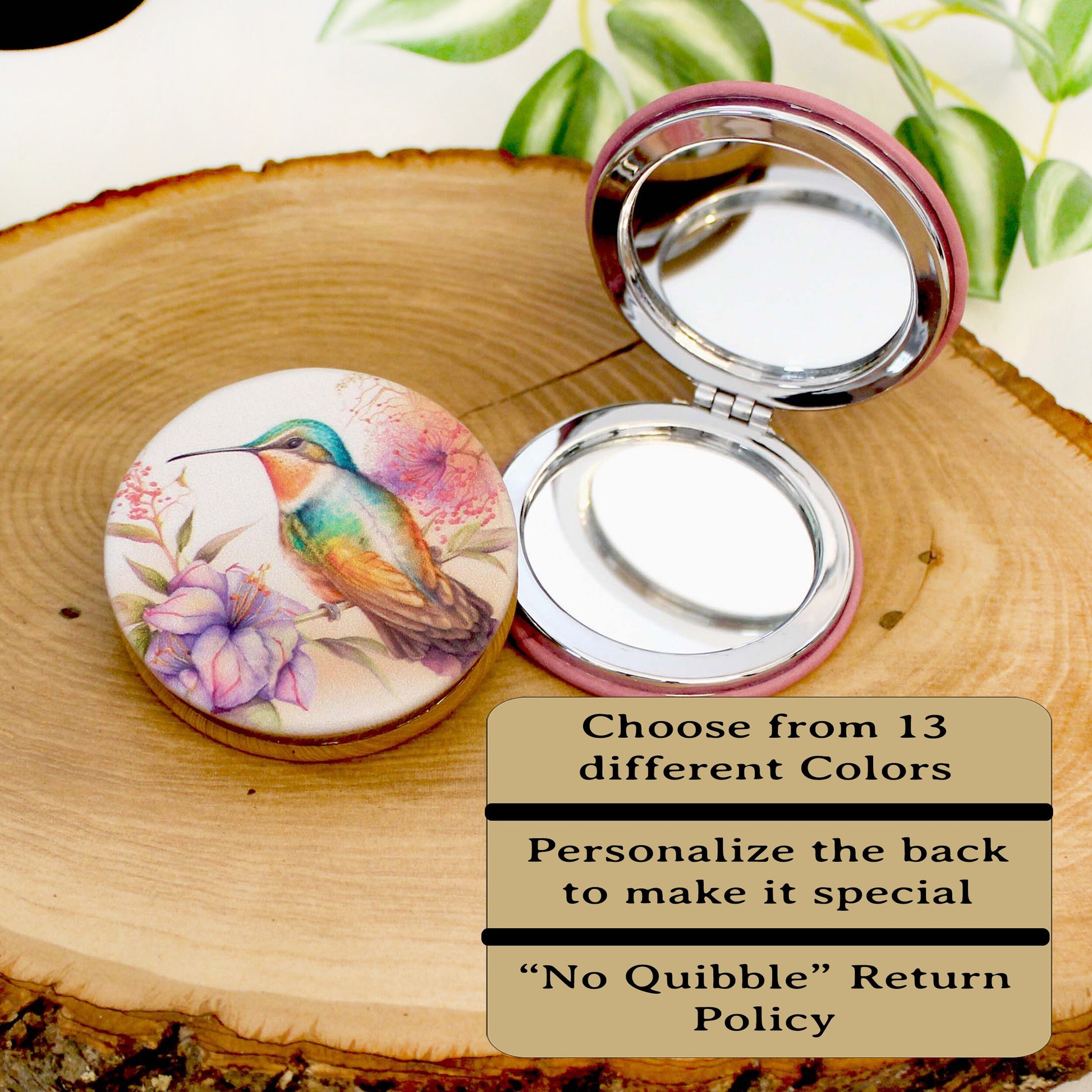 UV Decorated Ruby Throated Hummingbird Leatherette Women's Compact Mirror, Custom Bridesmaid Gift, Perfect Birthday or Mother's Day Gift