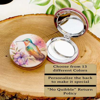 UV Decorated Ruby Throated Hummingbird Leatherette Women's Compact Mirror, Custom Bridesmaid Gift, Perfect Birthday or Mother's Day Gift