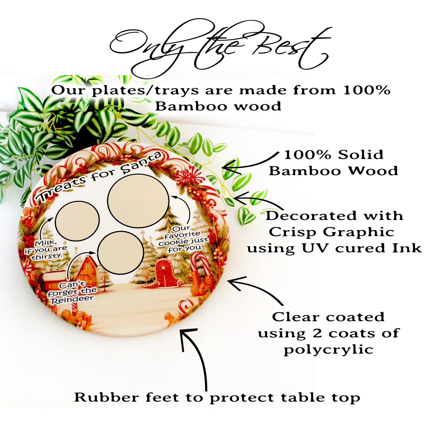 Christmas Santa Cookie Plate, Candy Cane Lane Cookie Tray, Environmentally Friendly Bamboo using UV Ink, Rubber Feet, Christmas Eve Decor