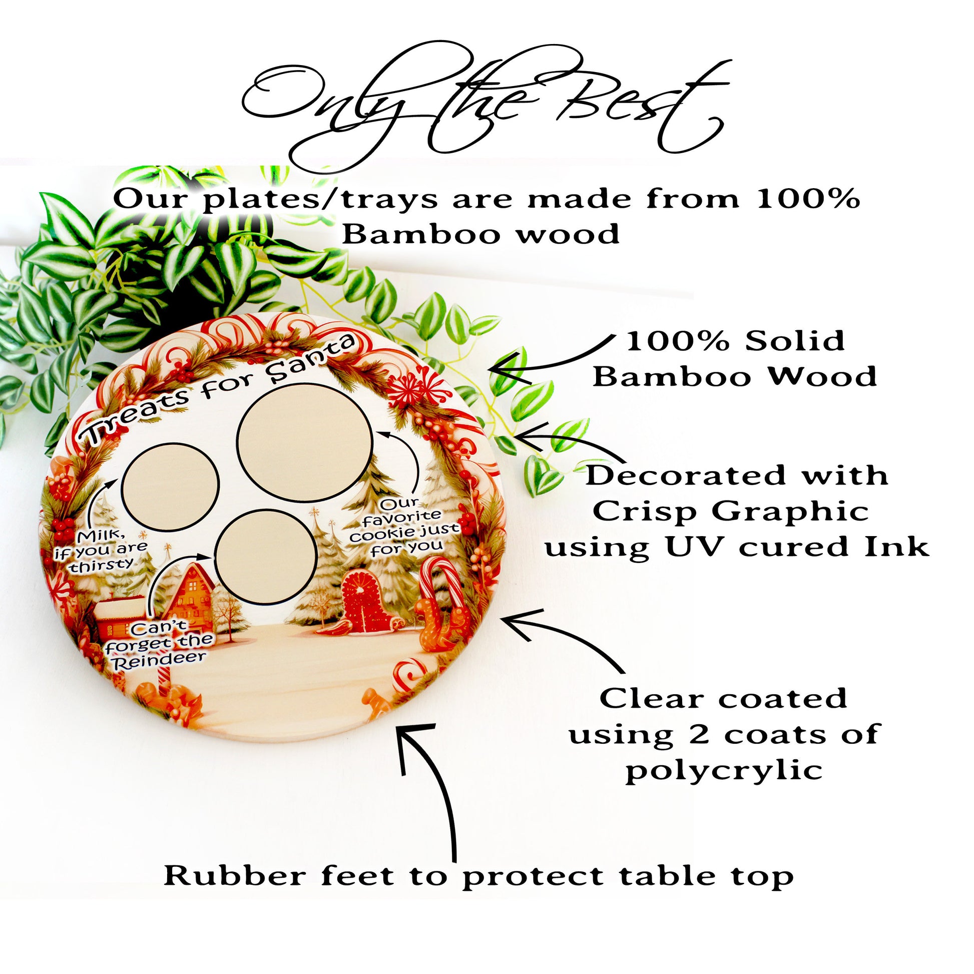 Christmas Santa Cookie Plate, Candy Cane Lane Cookie Tray, Environmentally Friendly Bamboo using UV Ink, Rubber Feet, Christmas Eve Decor