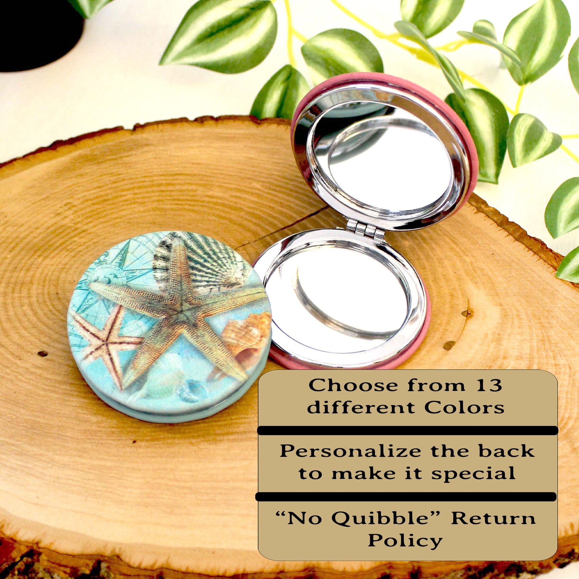 UV Decorated Seashell Leatherette Women's Compact Mirror, Custom Bridesmaid Wedding Gift, Perfect Birthday or Mother's Day Gift or favors