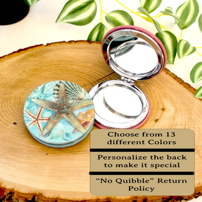 UV Decorated Seashell Leatherette Women's Compact Mirror, Custom Bridesmaid Wedding Gift, Perfect Birthday or Mother's Day Gift or favors