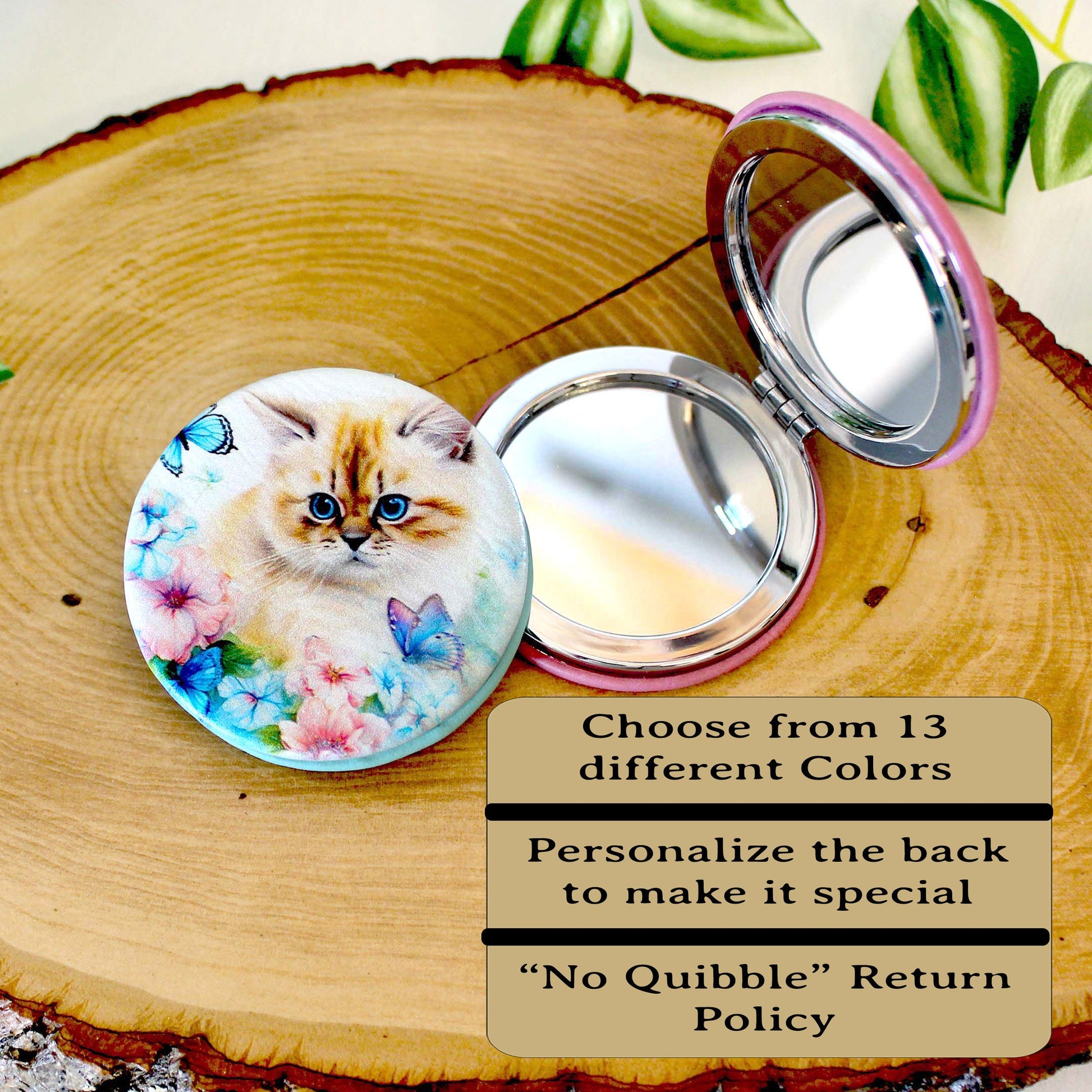 Blue Butterfly & Kitten Leatherette Women's Compact Mirror, Custom Bridesmaid Wedding Gift, Perfect Birthday/Mother's Day Gift, UV Decorated