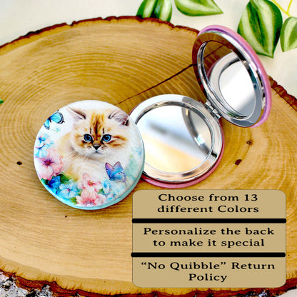 Blue Butterfly & Kitten Leatherette Women's Compact Mirror, Custom Bridesmaid Wedding Gift, Perfect Birthday/Mother's Day Gift, UV Decorated