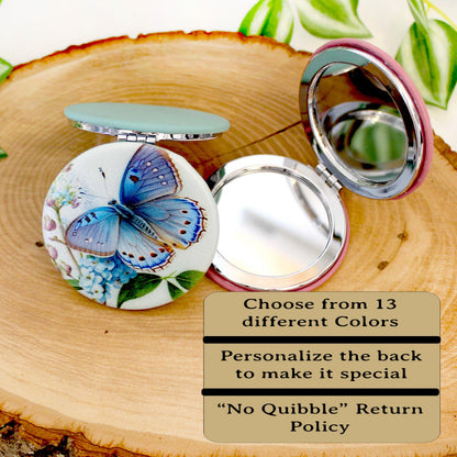 Blue Butterfly Leatherette Women's Compact Mirror, Custom Bridesmaid Gift, Perfect Birthday/Mother's Day Gift or favors. UV Decorated