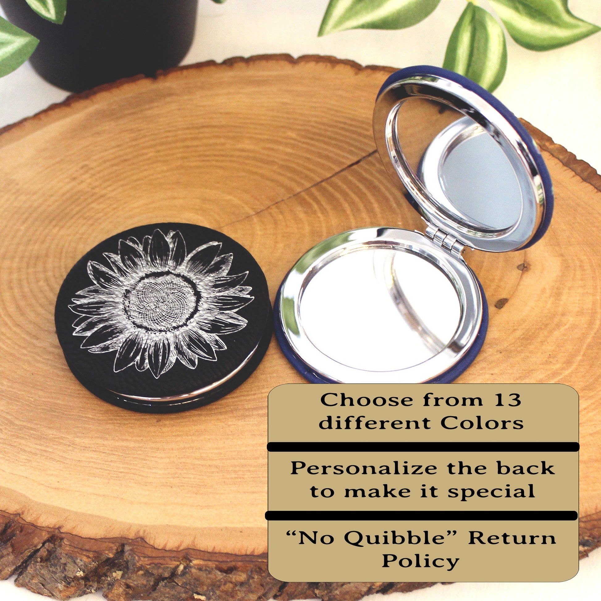 Engraved Sunflower Leatherette Women's Compact Mirror, Custom Bridesmaid Wedding Gift, Perfect Birthday or Mother's Day Gift or Favors