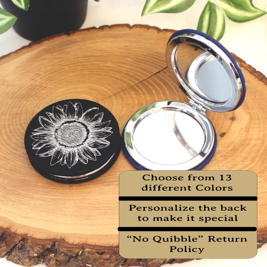 Engraved Sunflower Leatherette Women's Compact Mirror, Custom Bridesmaid Wedding Gift, Perfect Birthday or Mother's Day Gift or Favors