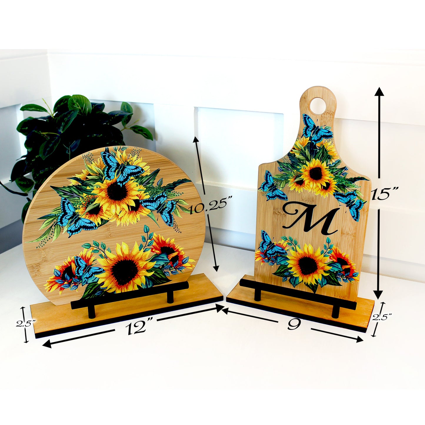 Kitchen Cookbook Stand from Sustainable Bamboo with Pine Wood Accents decorated with Beautiful Sunflowers and Blue Butterflies - Monogram