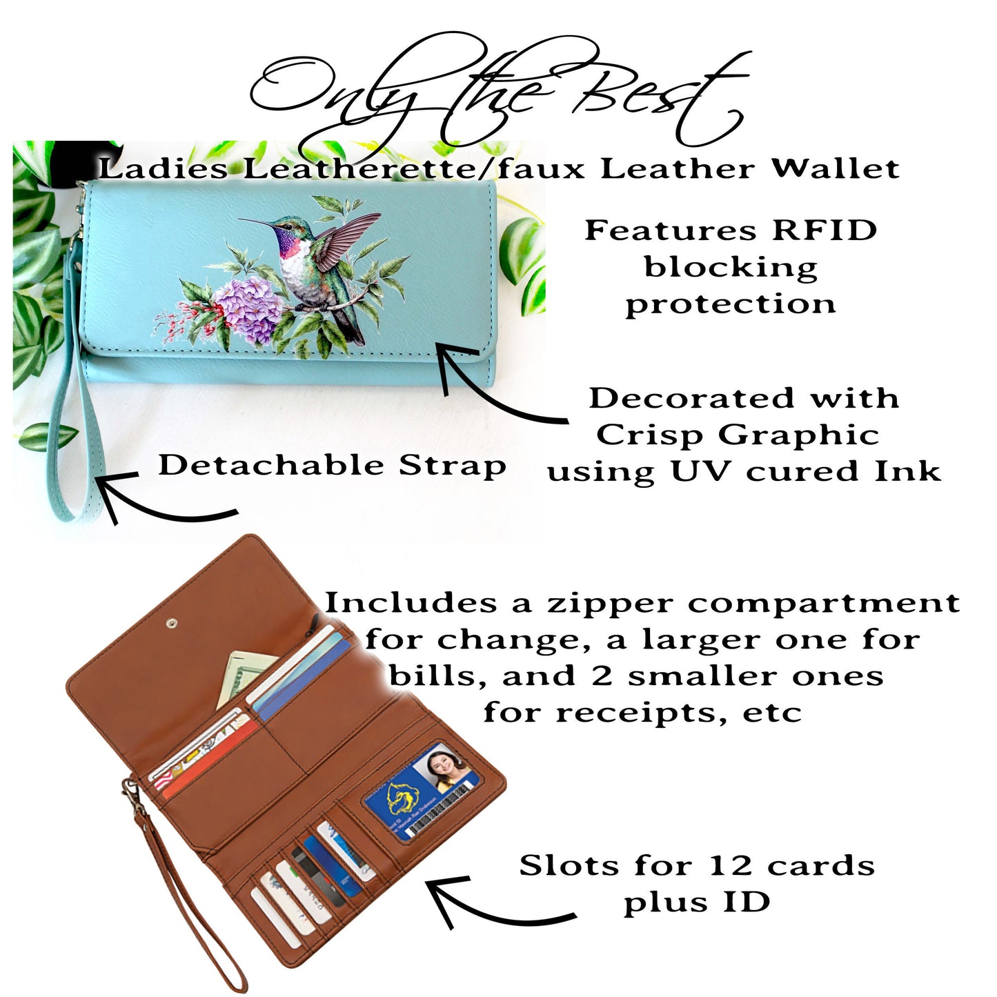 Hummingbird and Lilac Flowers Leatherette Women's Wallet w/ ID Display is a Perfect Gift for her Birthday and Mother's Day
