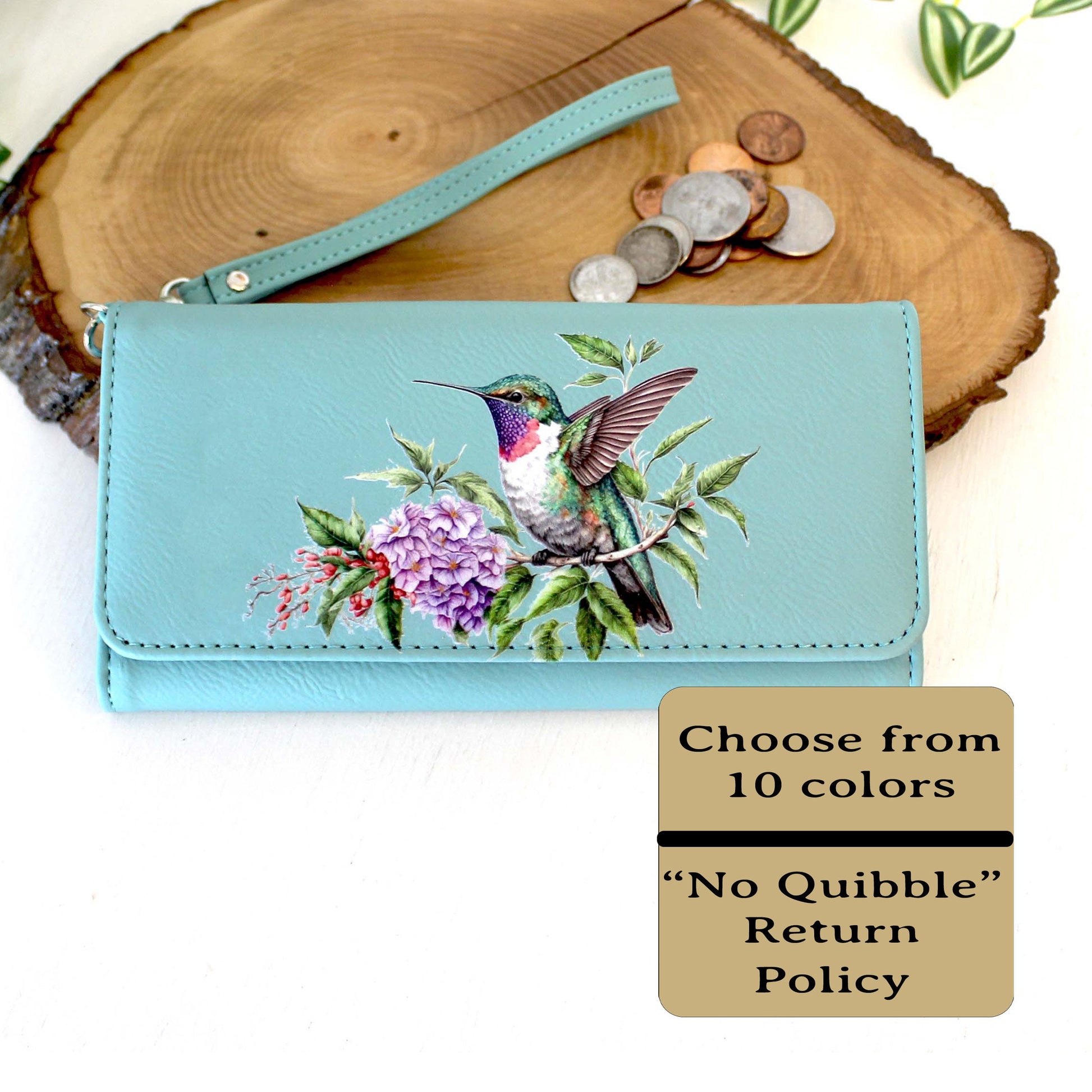 Hummingbird and Lilac Flowers Leatherette Women's Wallet w/ ID Display is a Perfect Gift for her Birthday and Mother's Day