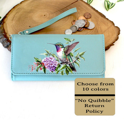 Hummingbird and Lilac Flowers Leatherette Women's Wallet w/ ID Display is a Perfect Gift for her Birthday and Mother's Day