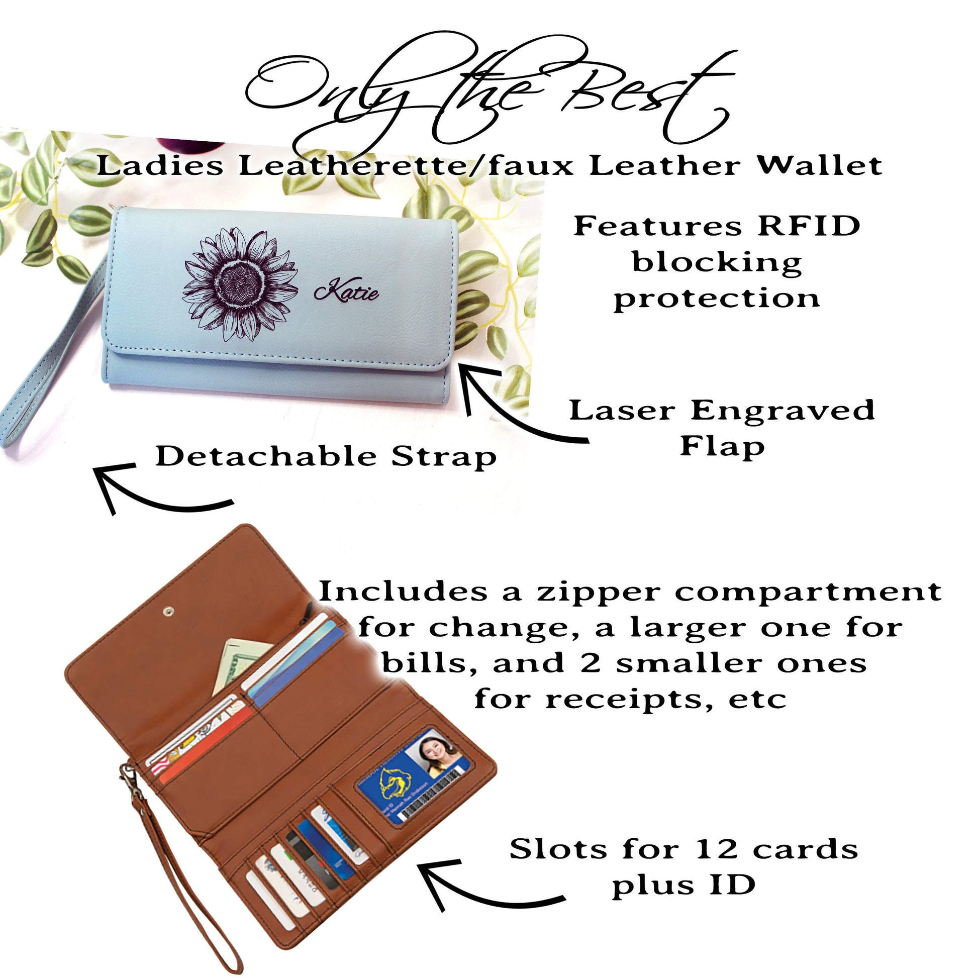 Engraved Sunflower Leatherette Women's Wallet w/ ID Display, Ladies Leather Sunflower Wallet, Perfect Gift for her Birthday or Mother's Day