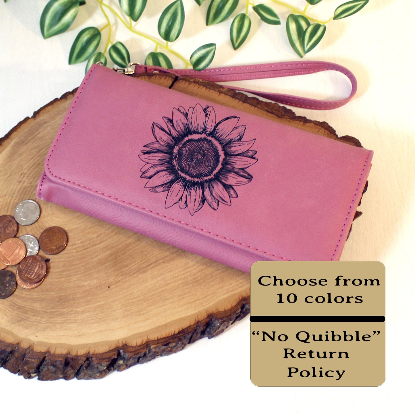 Engraved Sunflower Leatherette Women's Wallet w/ ID Display, Ladies Leather Sunflower Wallet, Perfect Gift for her Birthday or Mother's Day