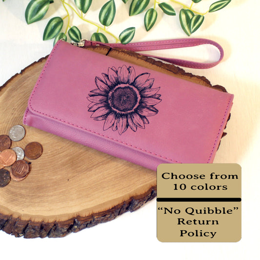 Engraved Sunflower Leatherette Women's Wallet w/ ID Display, Ladies Leather Sunflower Wallet, Perfect Gift for her Birthday or Mother's Day