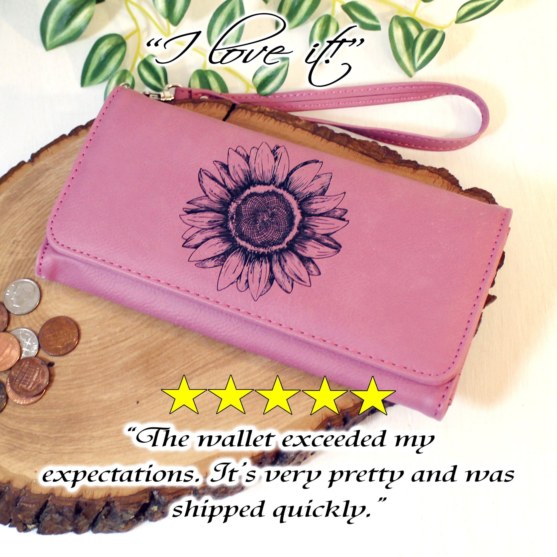 Engraved Sunflower Leatherette Women's Wallet w/ ID Display, Ladies Leather Sunflower Wallet, Perfect Gift for her Birthday or Mother's Day