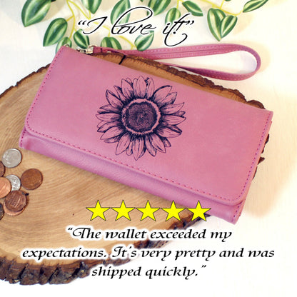 Engraved Sunflower Leatherette Women's Wallet w/ ID Display, Ladies Leather Sunflower Wallet, Perfect Gift for her Birthday or Mother's Day