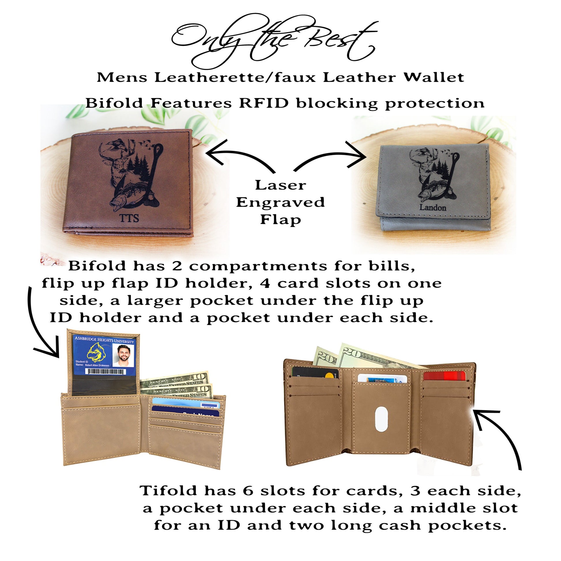 Men's Leather Bifold/Trifold Hunting & Fishing Wallet. Perfect Hunting/Fisherman's gift. Large Mouth Bass Jumping thru Fish Hook with Deer