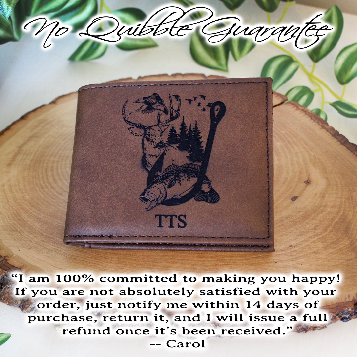 Men's Leather Bifold/Trifold Hunting & Fishing Wallet. Perfect Hunting/Fisherman's gift. Large Mouth Bass Jumping thru Fish Hook with Deer
