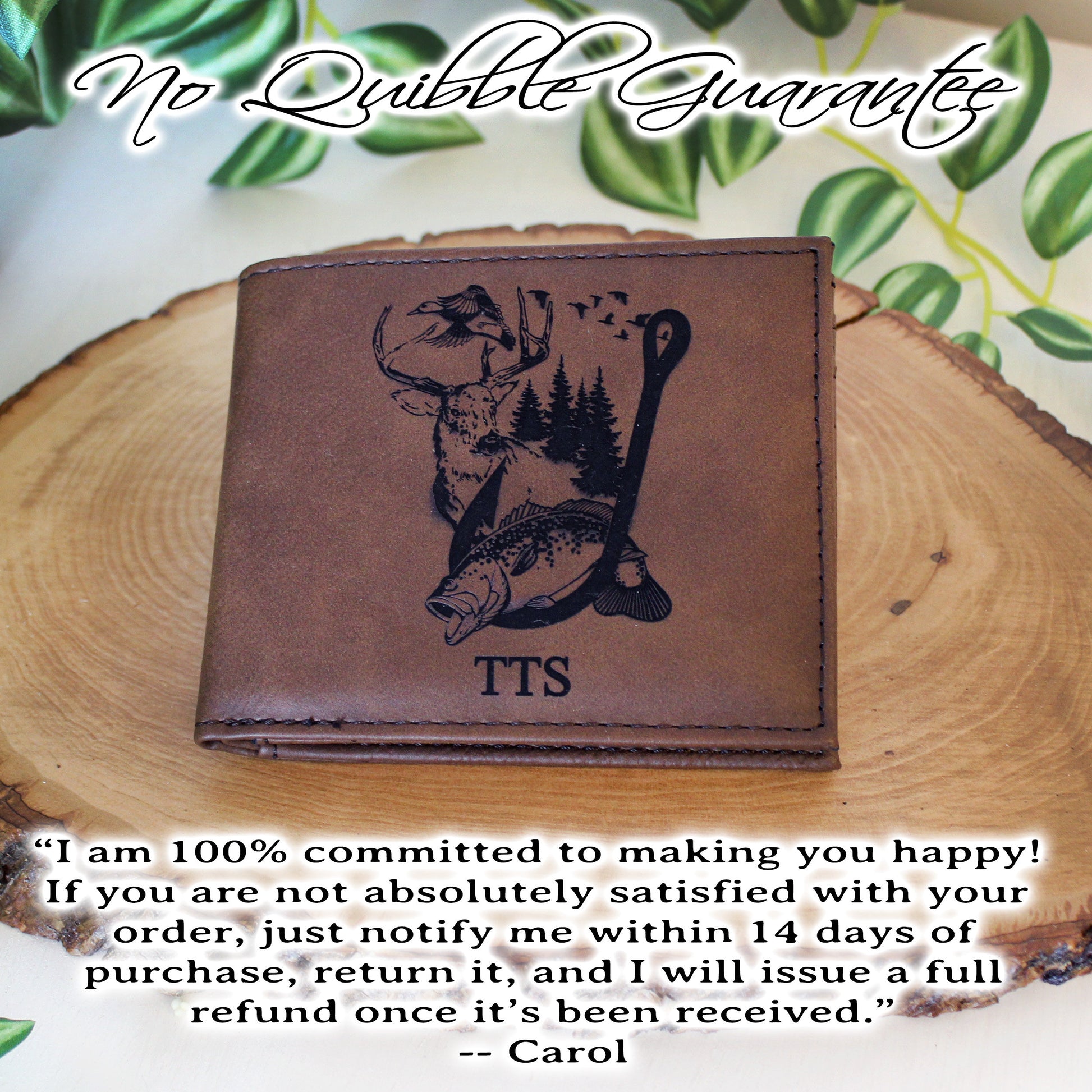 Men's Leather Bifold/Trifold Hunting & Fishing Wallet. Perfect Hunting/Fisherman's gift. Large Mouth Bass Jumping thru Fish Hook with Deer