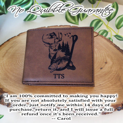Men's Leather Bifold/Trifold Hunting & Fishing Wallet. Perfect Hunting/Fisherman's gift. Large Mouth Bass Jumping thru Fish Hook with Deer