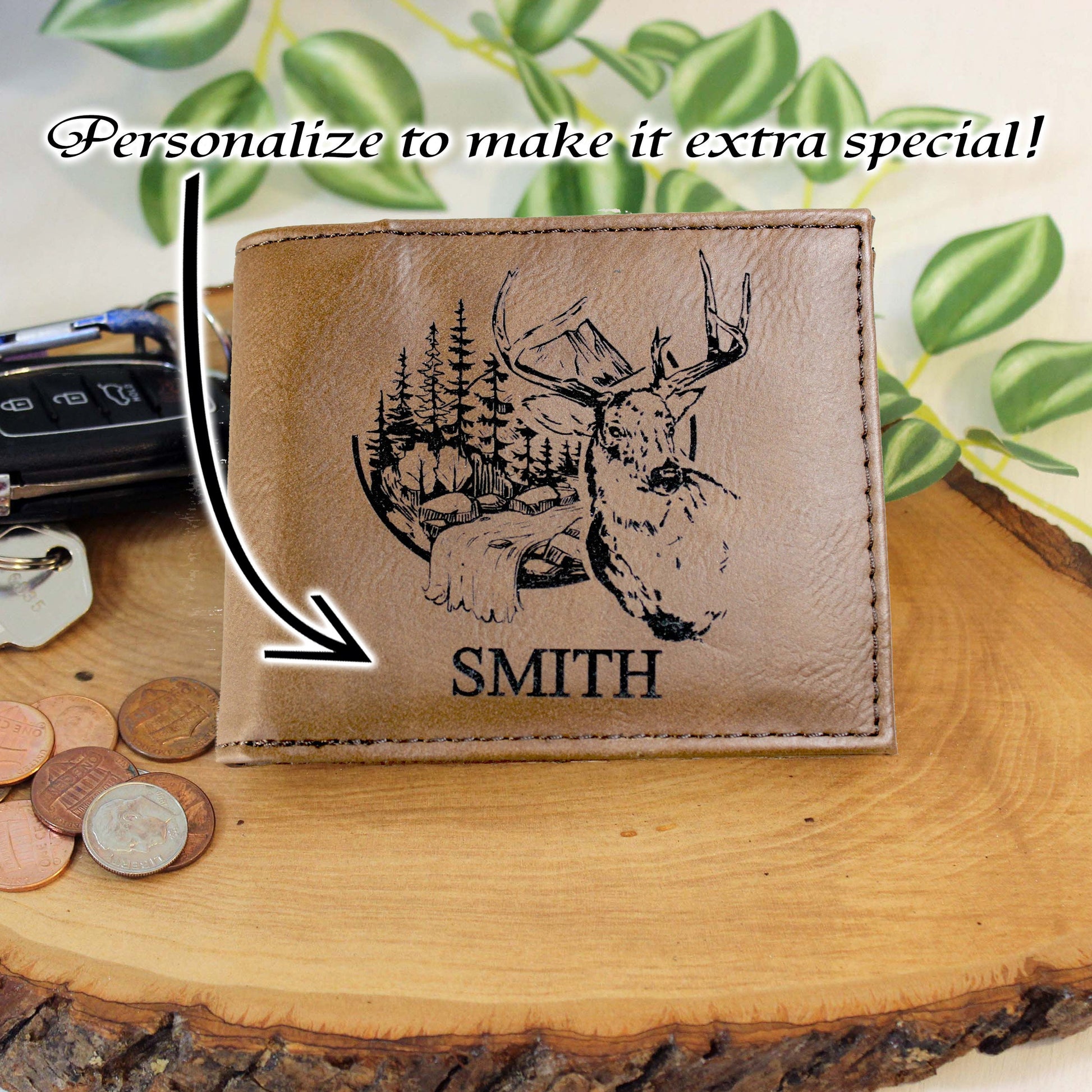 Men's Leather Bifold/Trifold Hunting Wallet. Perfect Hunter's gift. Deer in the Mountains. Engraved Hunting Art. Mountain Hunting.