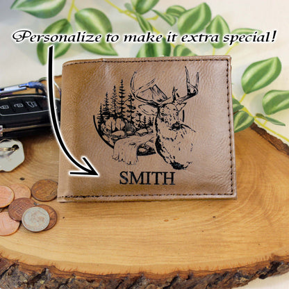 Men's Leather Bifold/Trifold Hunting Wallet. Perfect Hunter's gift. Deer in the Mountains. Engraved Hunting Art. Mountain Hunting.