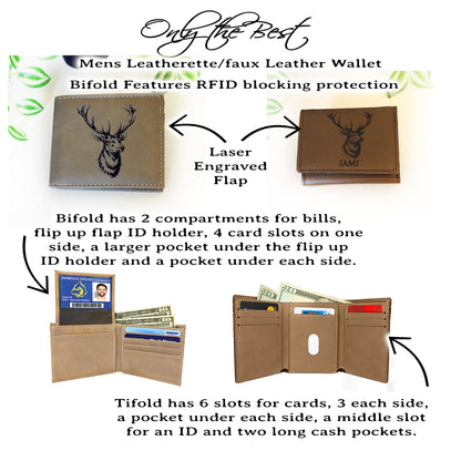 Men's Leather Bifold/Trifold Hunting Wallet with flip ID Display. Perfect Hunter's gift. Elk Profile Engraved Hunting Art. Elk Head Wallet