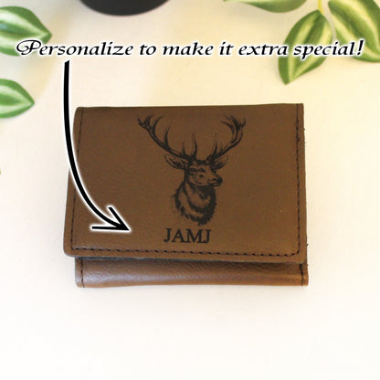 Men's Leather Bifold/Trifold Hunting Wallet with flip ID Display. Perfect Hunter's gift. Elk Profile Engraved Hunting Art. Elk Head Wallet