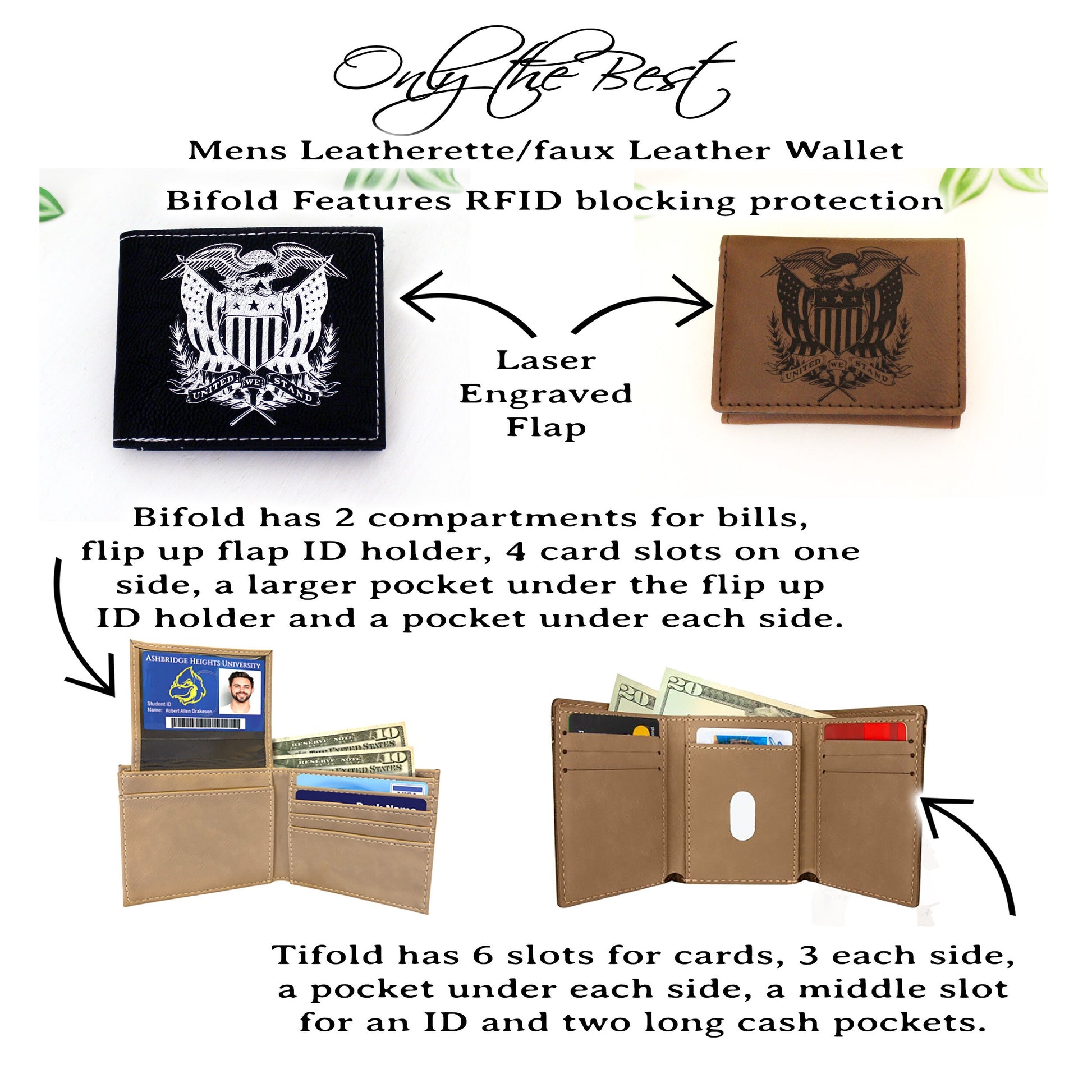 Men's Leather Bifold/Trifold Patriotic Wallet. Perfect Patriotic gift. United We Stand Eagle with American Flag Engraved on the Wallet Front