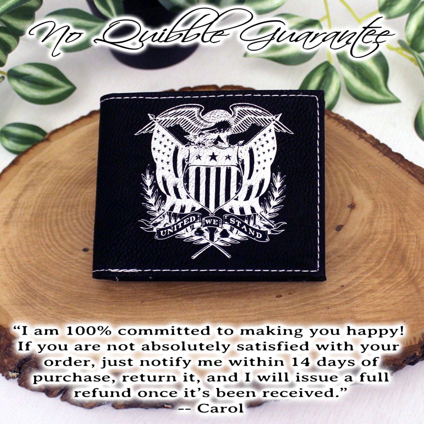 Men's Leather Bifold/Trifold Patriotic Wallet. Perfect Patriotic gift. United We Stand Eagle with American Flag Engraved on the Wallet Front
