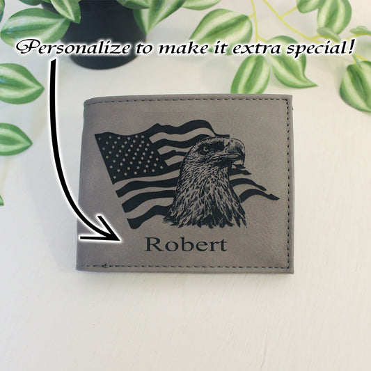 Men's Leather Bifold/Trifold Patriotic Wallet. Perfect Patriotic gift. Eagle with American Flag waving behind it Engraved on Wallet Front
