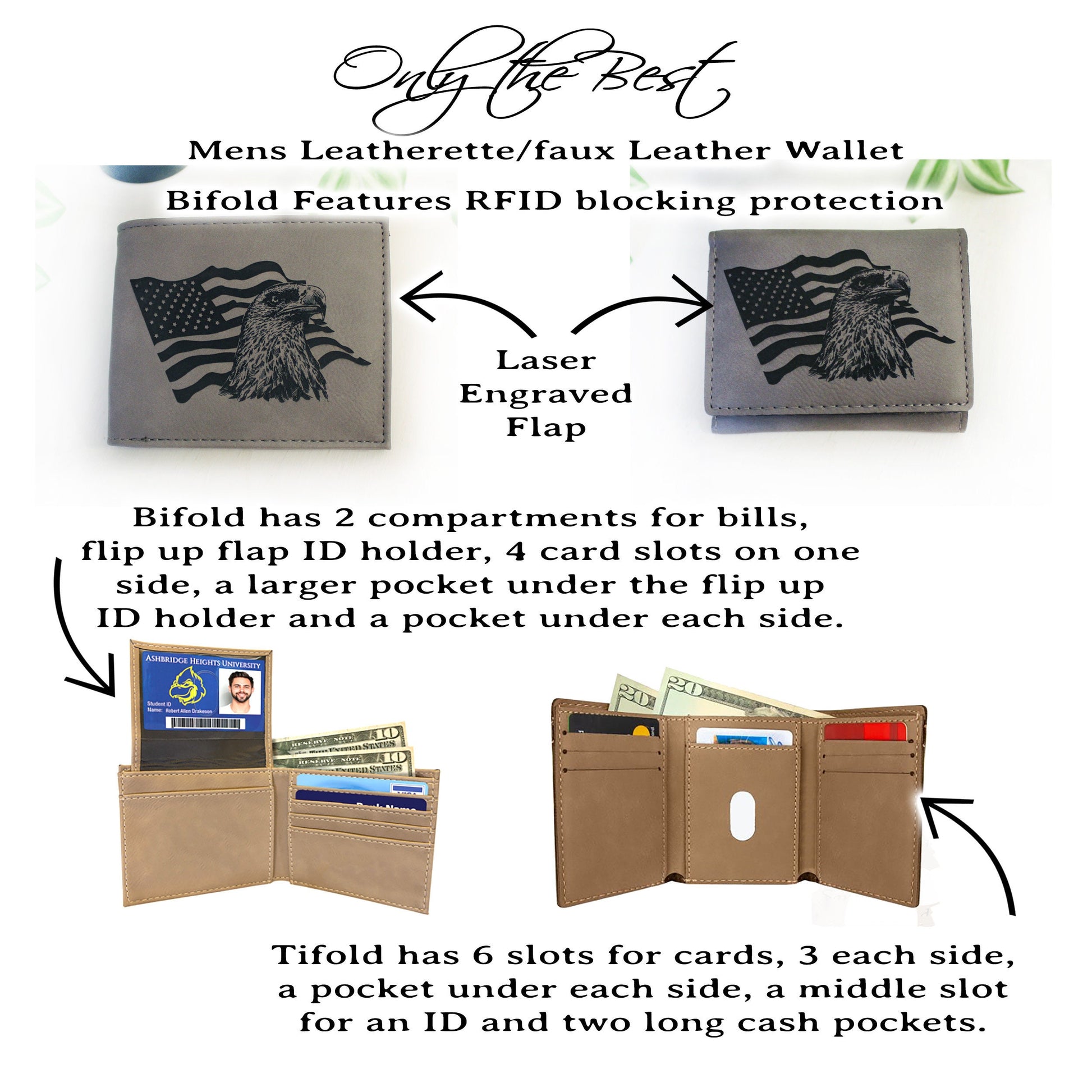 Men's Leather Bifold/Trifold Patriotic Wallet. Perfect Patriotic gift. Eagle with American Flag waving behind it Engraved on Wallet Front