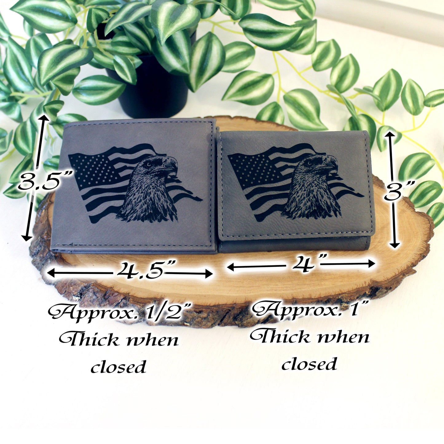 Men's Leather Bifold/Trifold Patriotic Wallet. Perfect Patriotic gift. Eagle with American Flag waving behind it Engraved on Wallet Front