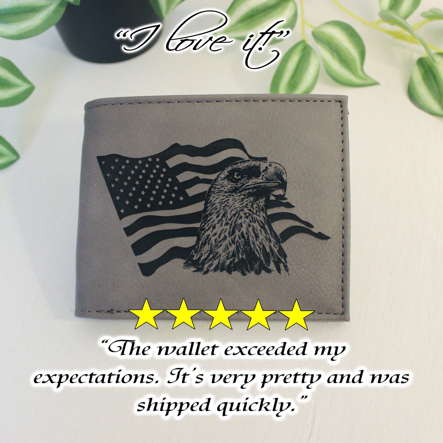 Men's Leather Bifold/Trifold Patriotic Wallet. Perfect Patriotic gift. Eagle with American Flag waving behind it Engraved on Wallet Front