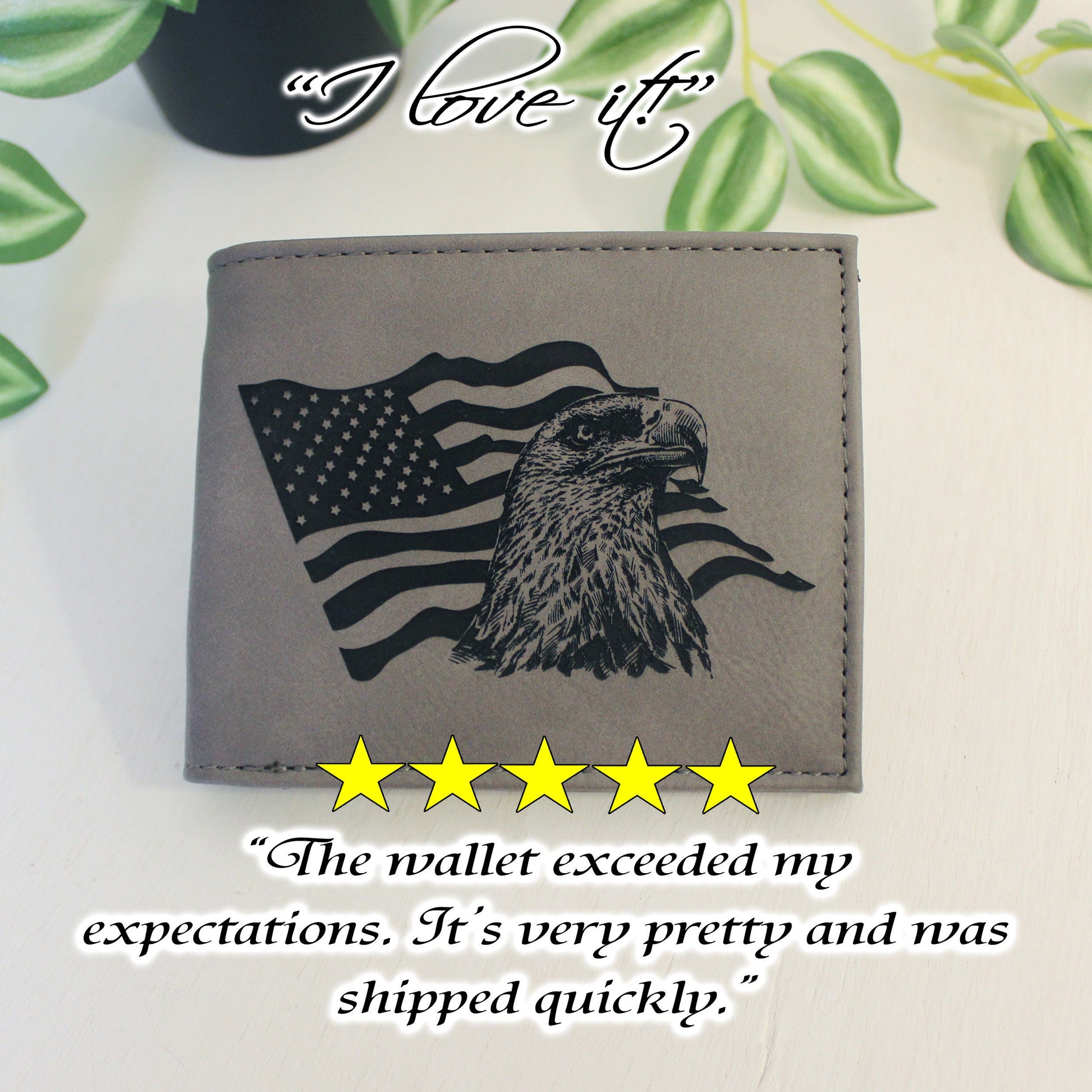 Men's Leather Bifold/Trifold Patriotic Wallet. Perfect Patriotic gift. Eagle with American Flag waving behind it Engraved on Wallet Front