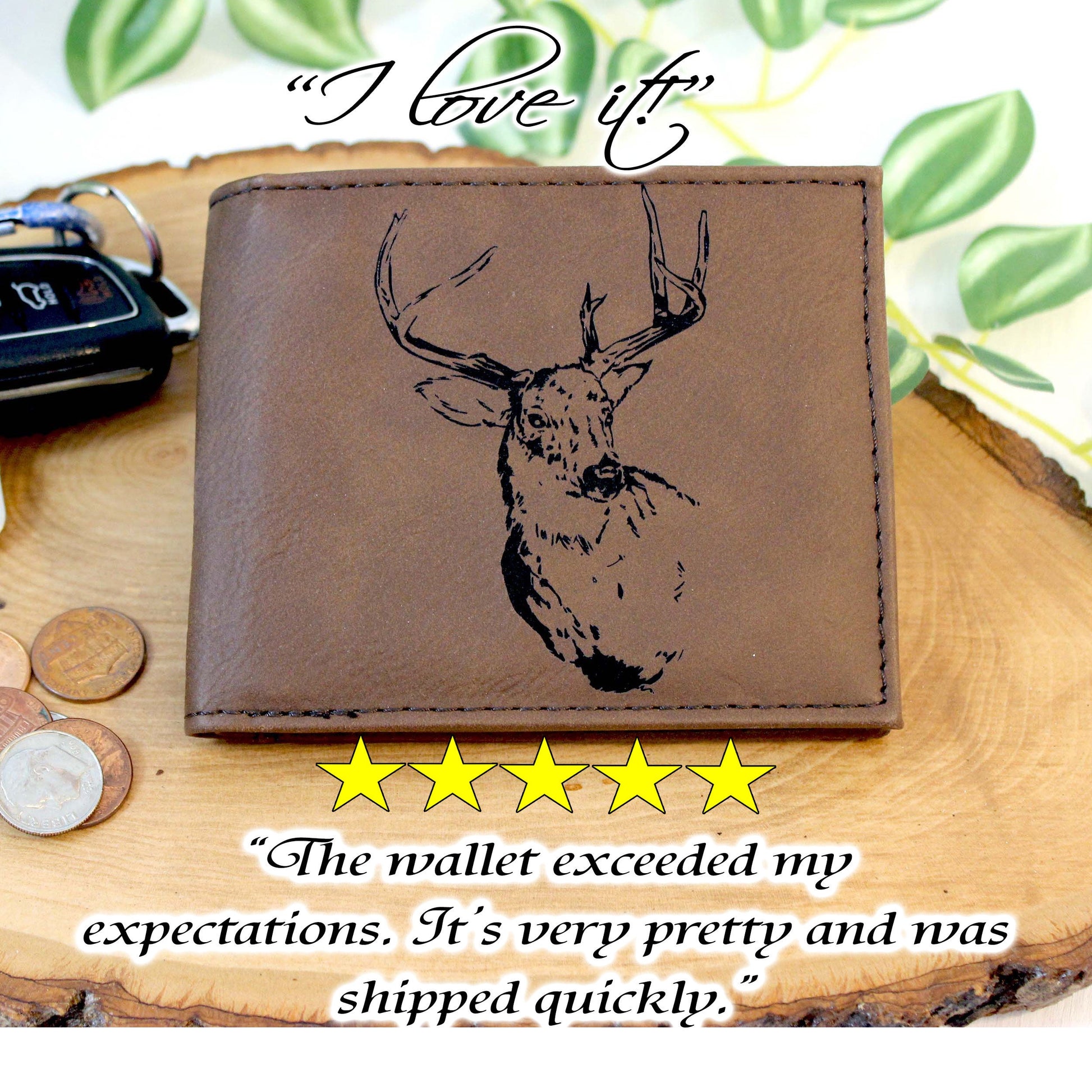 Men's Leather Bifold/Trifold Hunting Wallet - Bifold with flip ID Display. Perfect Hunter's gift. Deer Profile Engraved. Deer Head Wallet