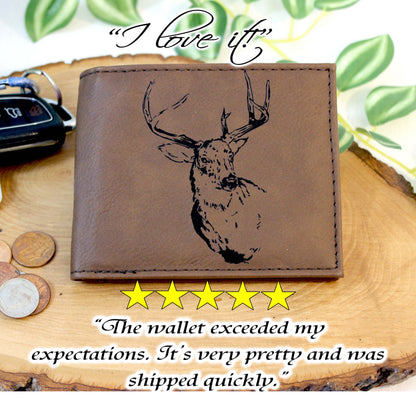 Men's Leather Bifold/Trifold Hunting Wallet - Bifold with flip ID Display. Perfect Hunter's gift. Deer Profile Engraved. Deer Head Wallet